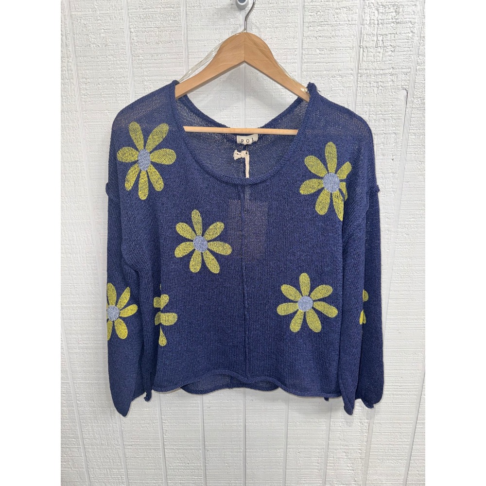 POL Daisy Floral Knit Sweater Womens Navy Blue Open Knit UST219 Size S